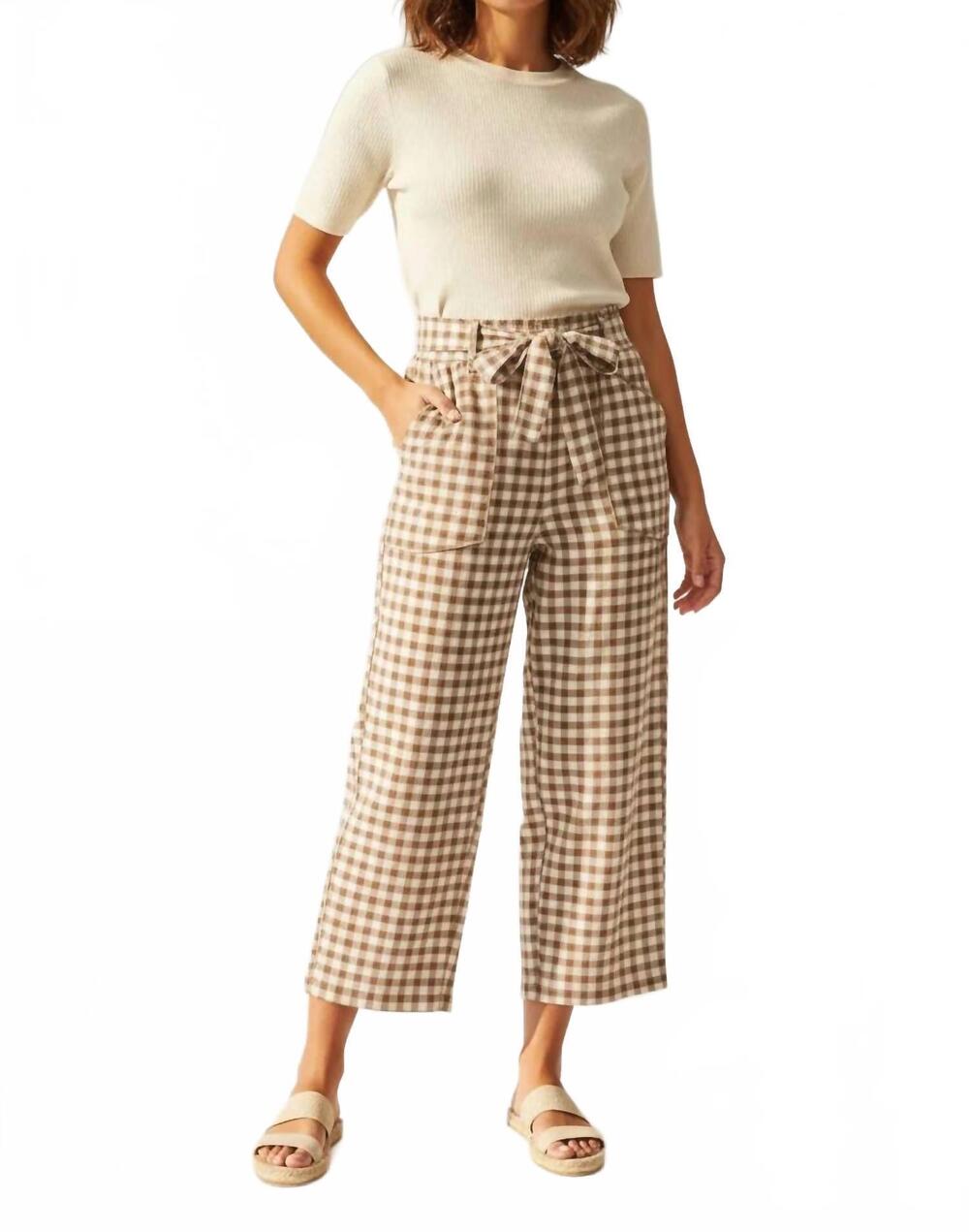 NEW ANNIEWEAR soft brushed check barrel fit utility knit pants in mocha